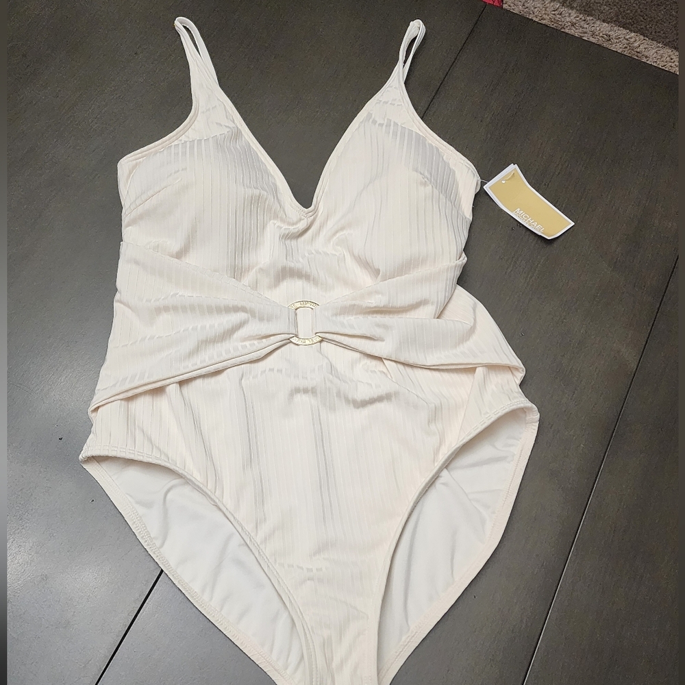 Michael Kors Women's Bone Ribbed One Piece Swimsuit Size 14 Waist Sash L…